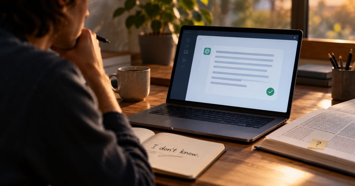 Ein Mensch am Schreibtisch blickt im Morgenlicht auf einen Laptop mit einer KI-Chat-Antwort, daneben ein Notizbuch mit den Worten „I don’t know“.
